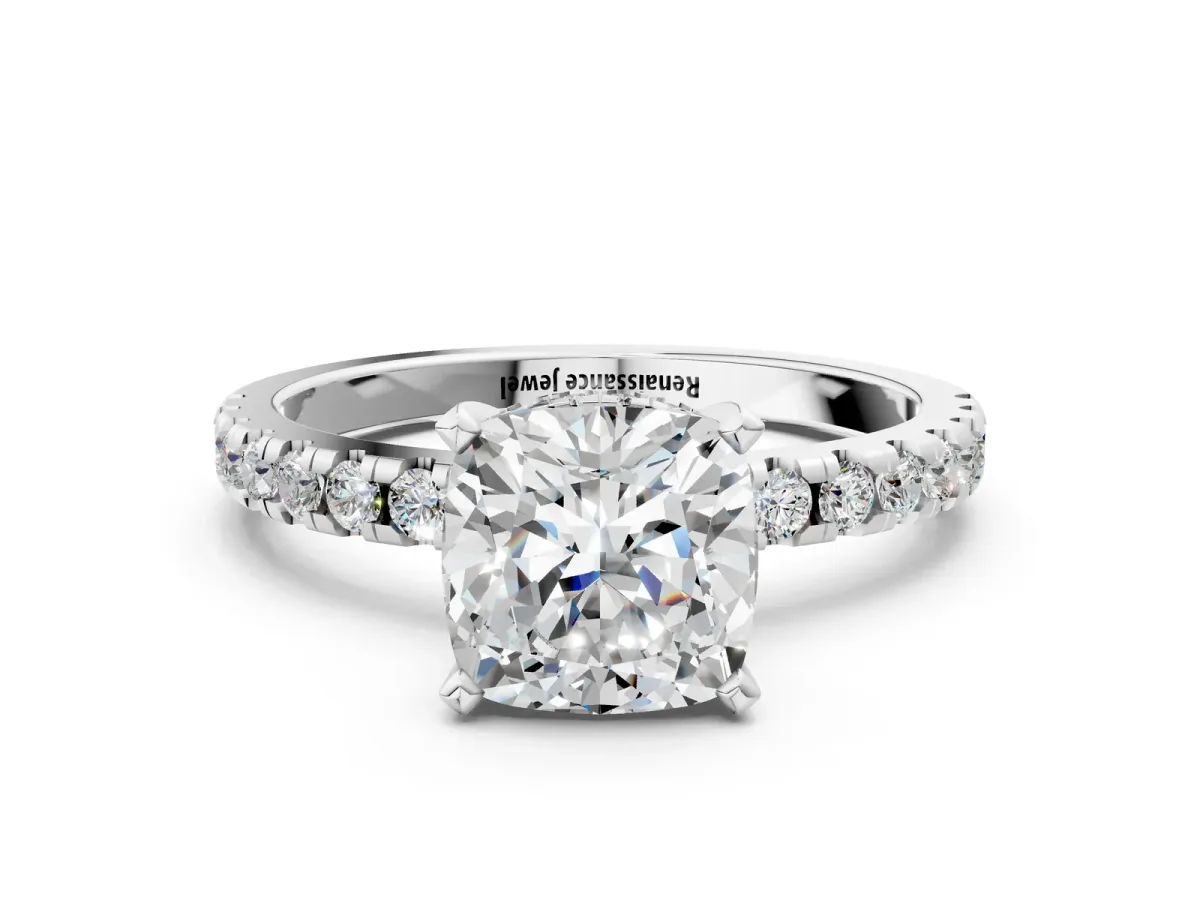 Cushion Cut Diamond Solitaire Ring with Round Pavé Band and Four-Prong Setting Silver