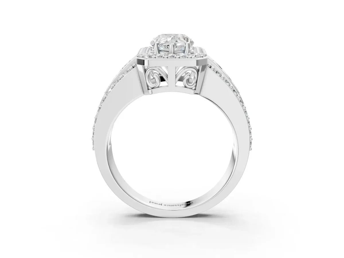 Pear Cut Halo Diamond Ring with Round Moissanite Split Shank and Prong Setting Silver