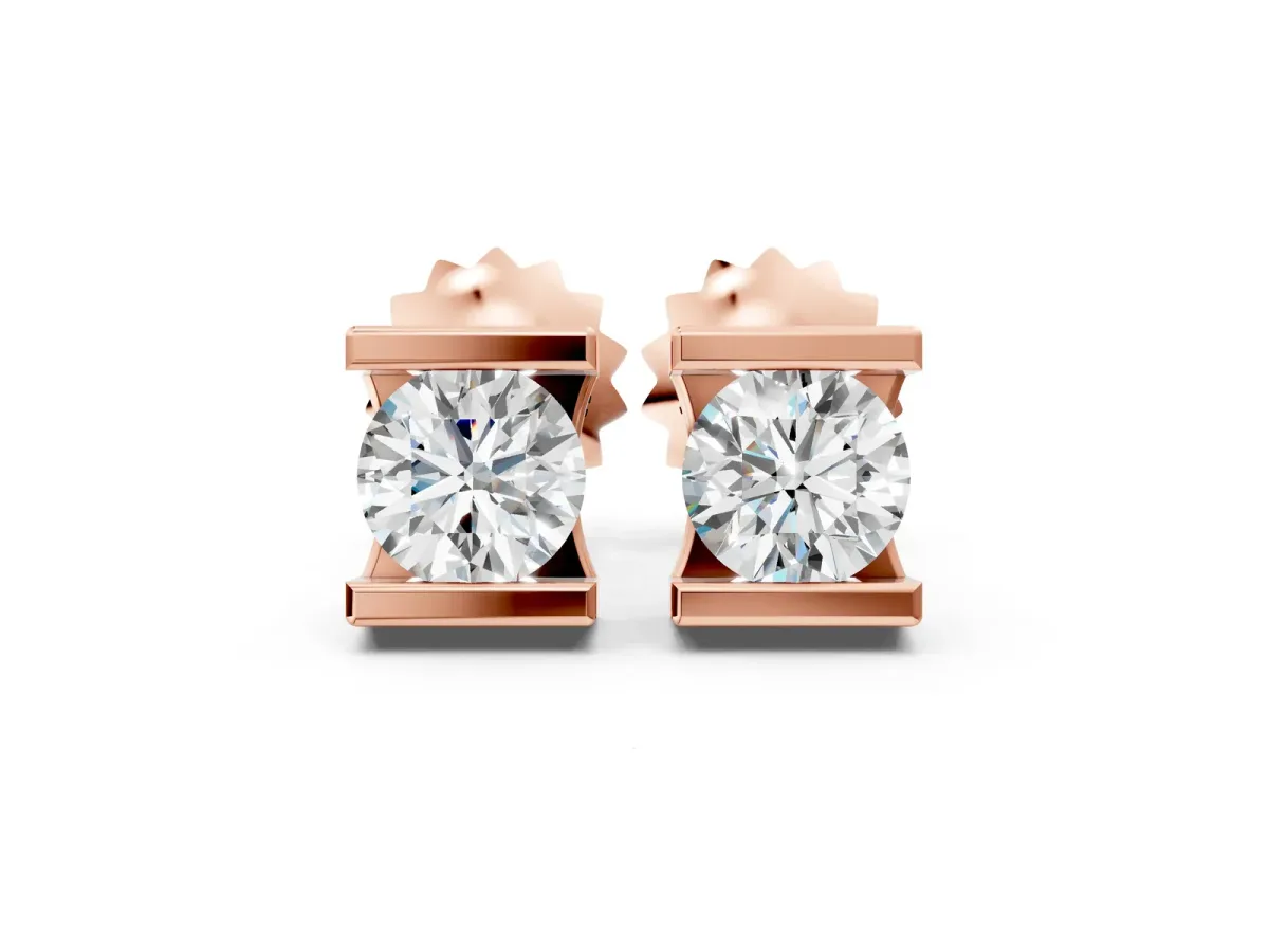 Bar Set Round Diamond Stud Earrings in White Gold Rose gold