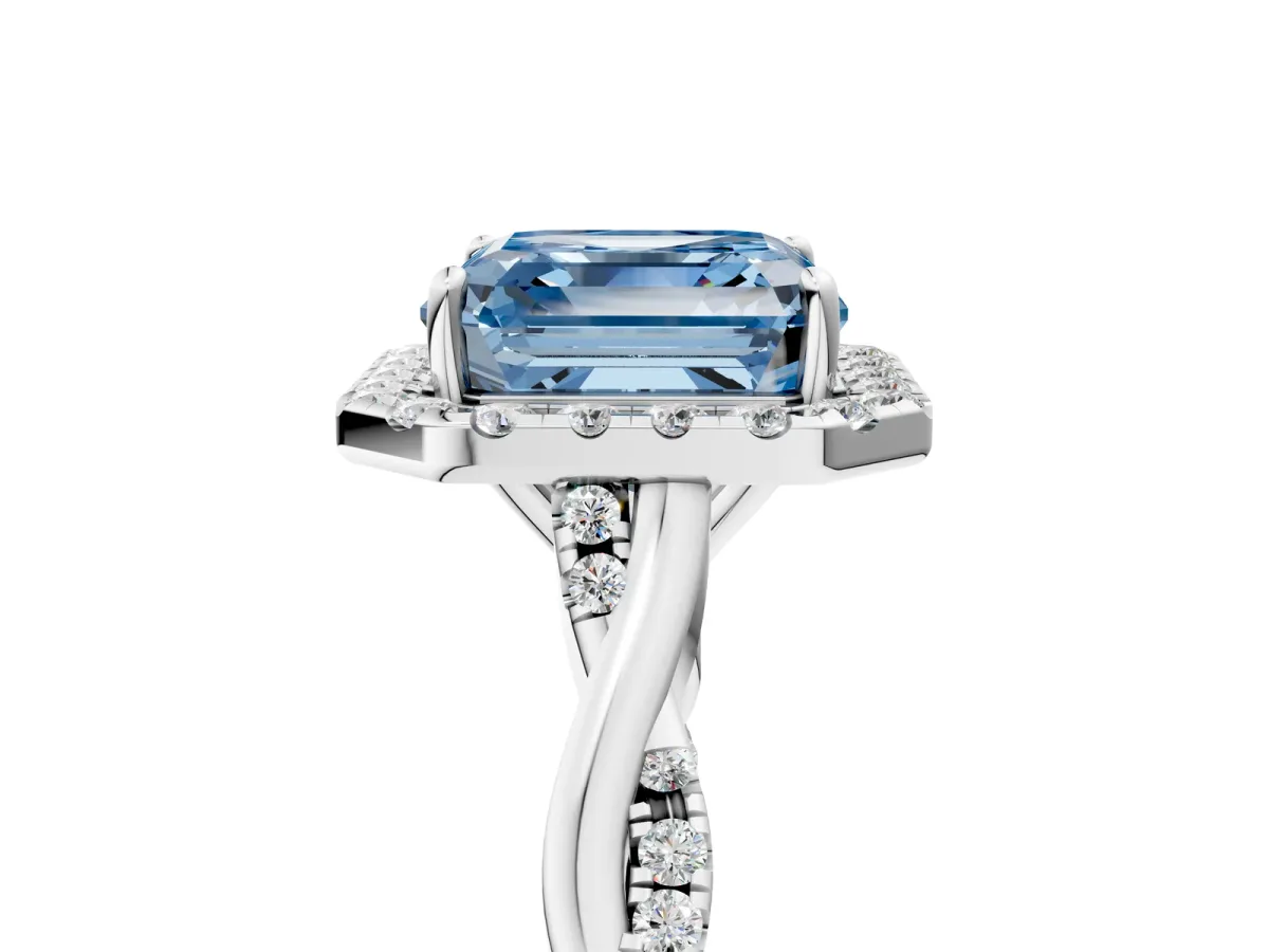 Fancy Blue Asscher Cut Halo Twist Band Solitaire Ring Platinum