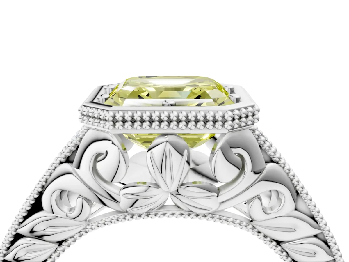 Fancy Yellow Bezel Set Asscher Cut Diamond Milgrain Pave Engagement Ring Platinum