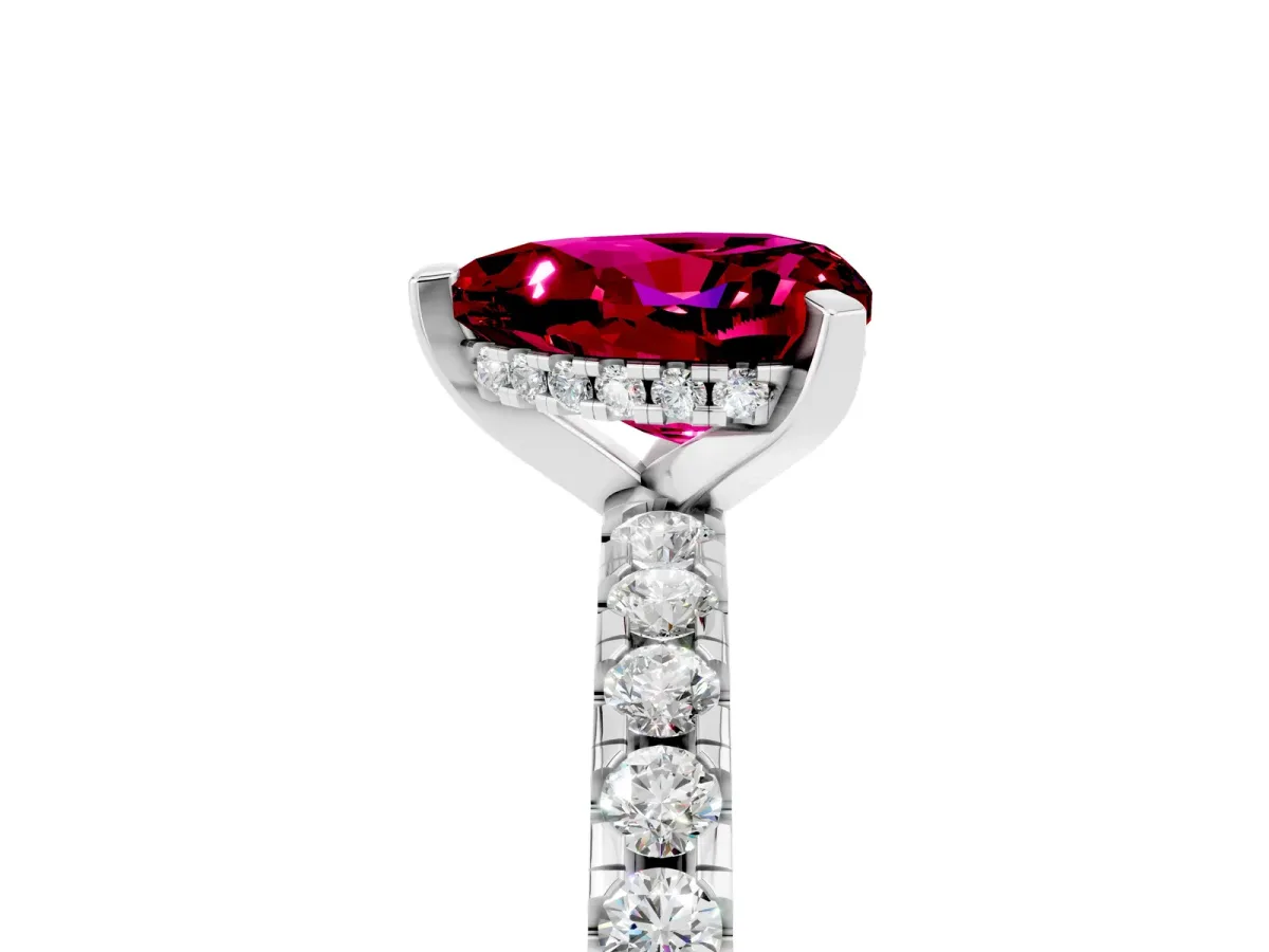 Heart Cut Garnet Solitaire Ring with Round Pavé Band and Four-Prong Setting Silver