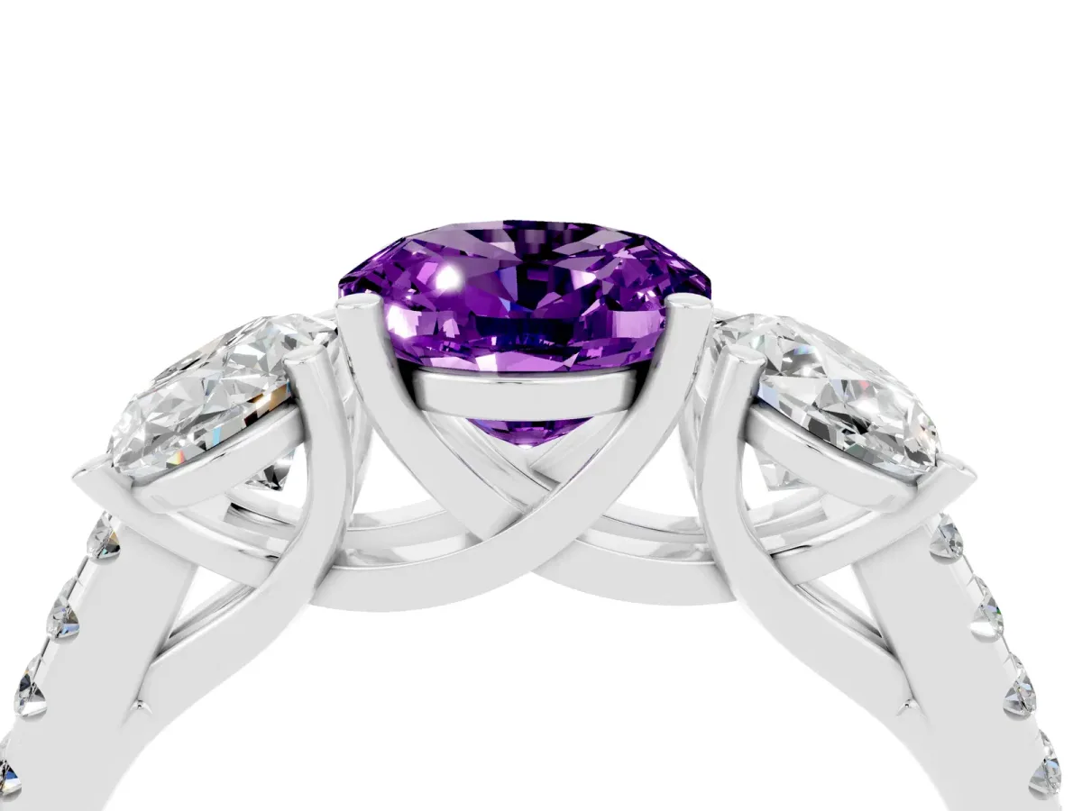 Three-Stone Oval Cut Amethyst Ring with Round Pavé Band and Prong Setting Platinum