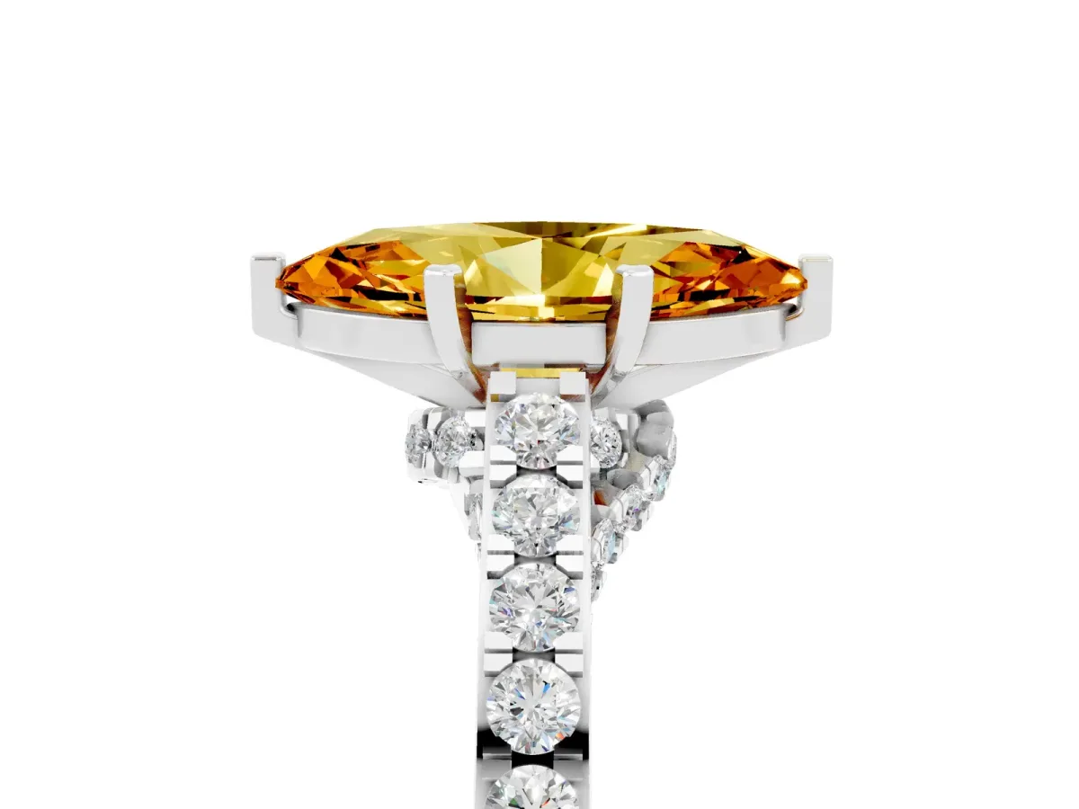 Marquise Cut Citrine Solitaire Ring with Crossover Gallery and Round Pavé Band Silver