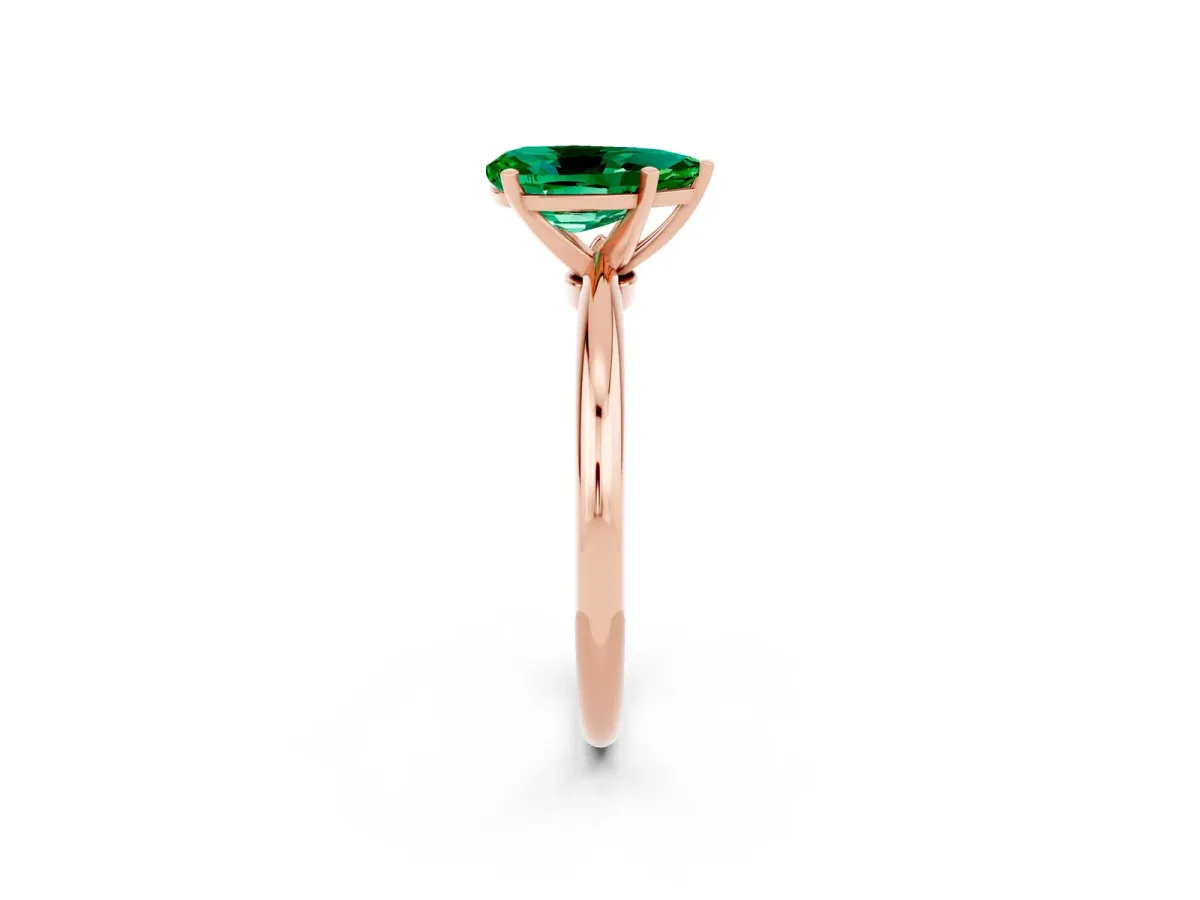 Pear Cut Emerald Solitaire Ring with Six-Prong Setting and Classic Band Rose gold