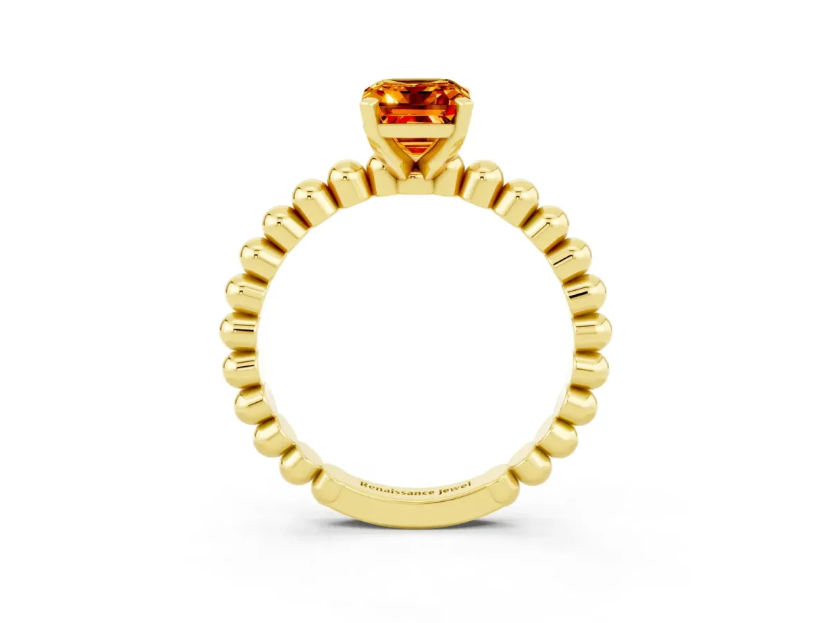 Emerald Cut Citrine Solitaire Ring with Beaded Band and Prong Setting Yellow gold