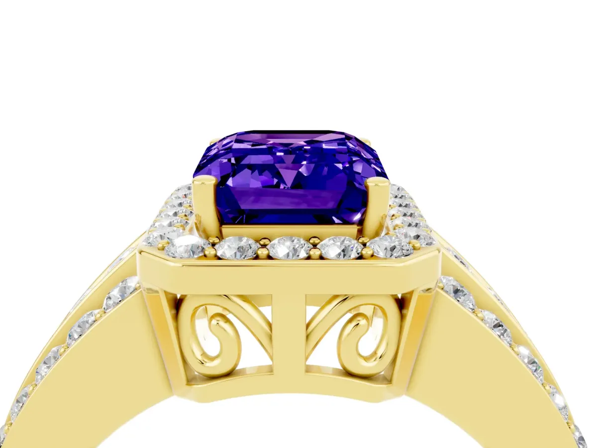 Emerald Cut Halo Tanzanite Ring with Round Split Shank and Prong Setting Yellow gold