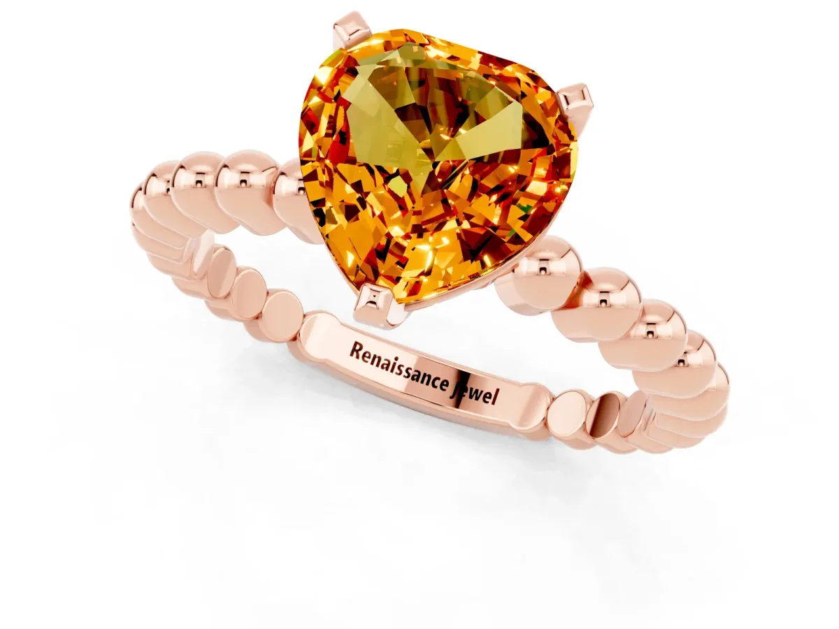 Heart Cut Citrine Solitaire Ring with Beaded Band and Prong Setting Rose gold