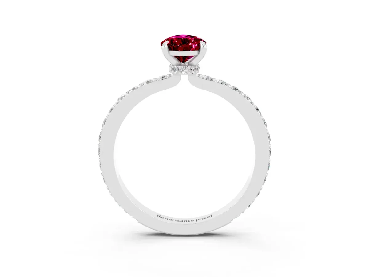 Pear Cut Garnet Solitaire Engagement Ring with Pavé Band and Four-Prong Setting Silver