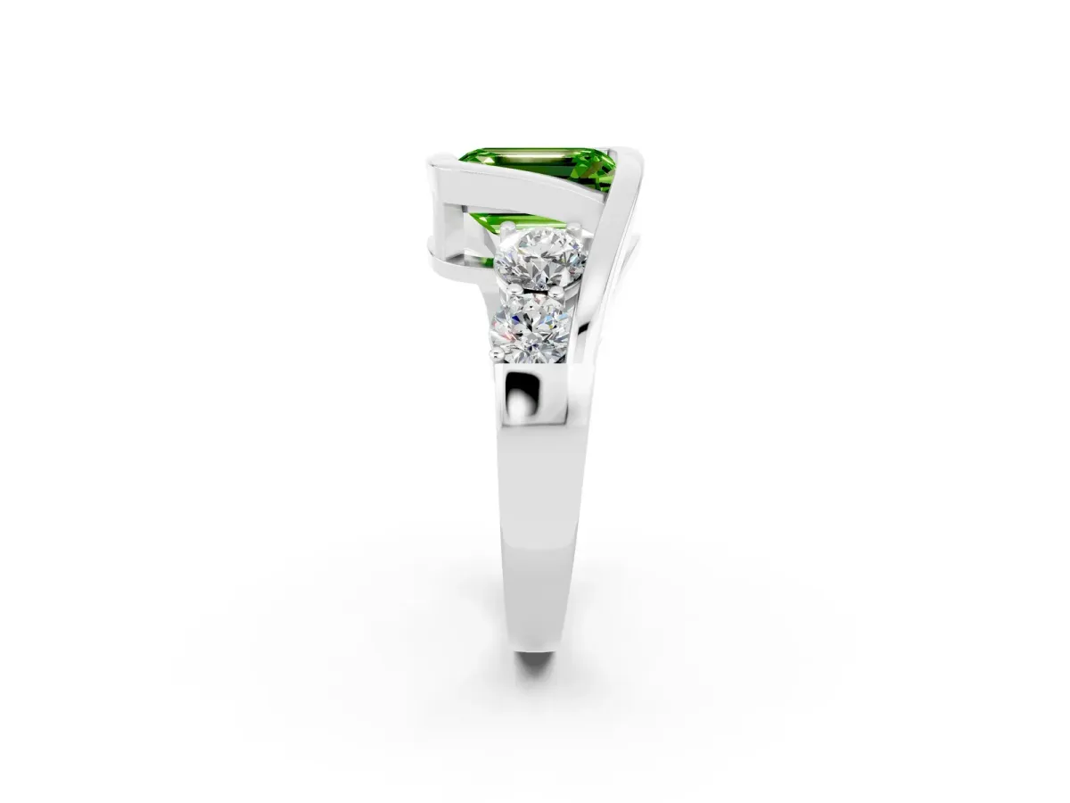 Bezel Set Emerald Cut Peridot Bypass Ring with Round Accents Platinum