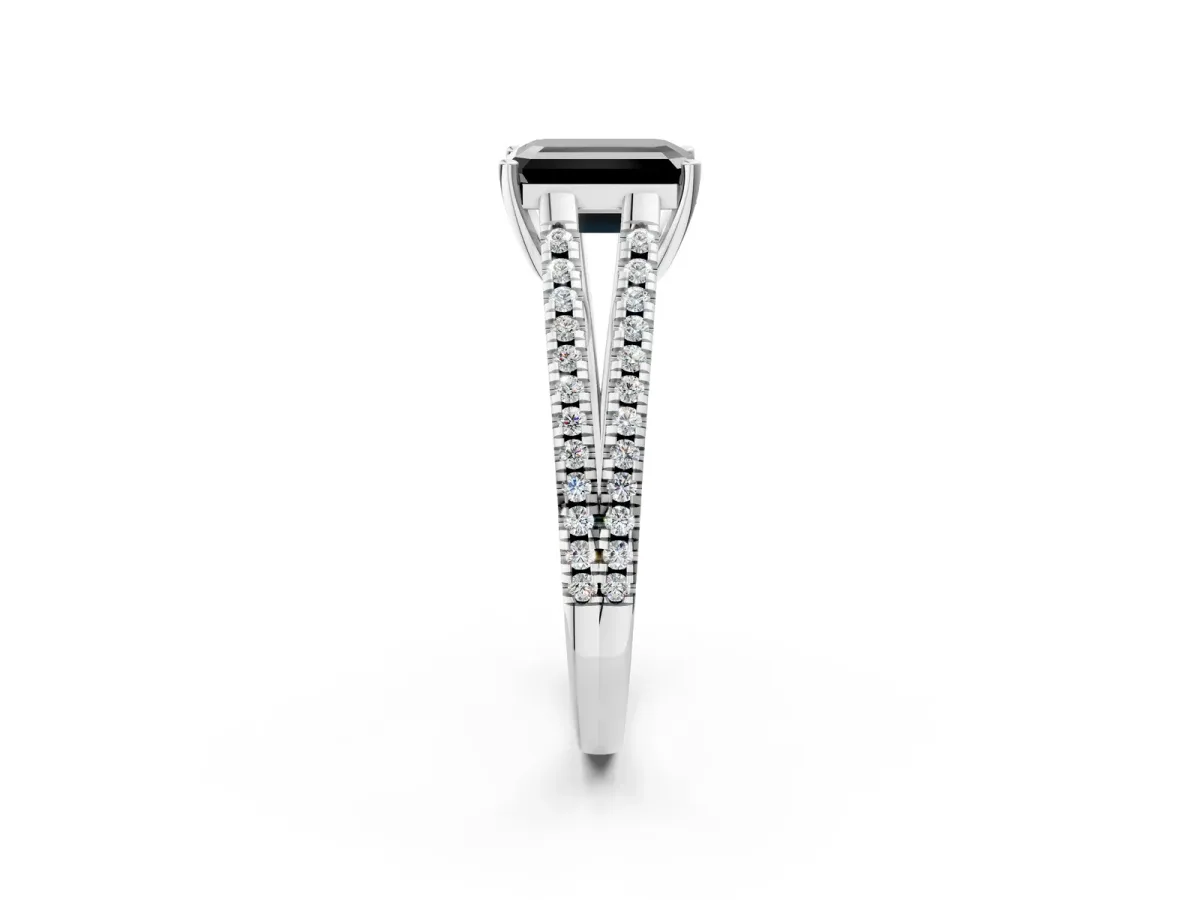 Fancy Black Emerald Cut Diamond Solitaire Engagement Ring with Split Shank Pavé Band Silver