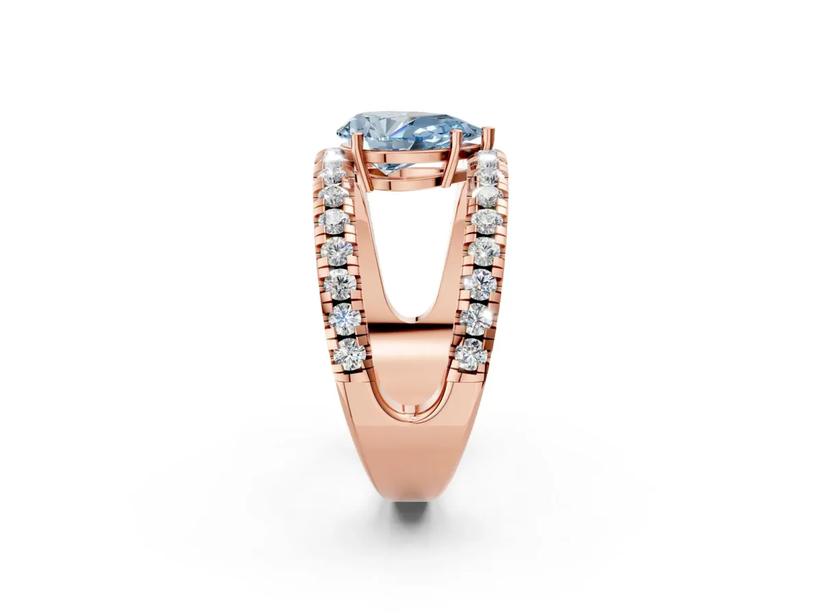 Fancy Blue Pear Cut Solitaire Split Shank Pave Diamond Ring Rose gold