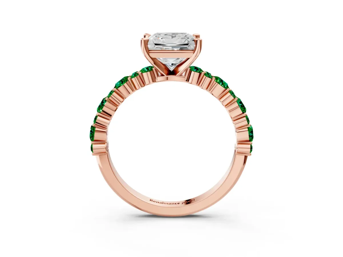 Princess Cut Diamond Side Stone Solitaire Ring with Round Emerald and Four-Prong Setting Rose gold