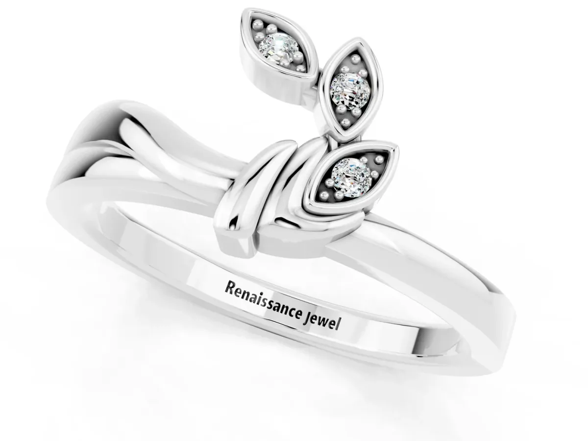 Three-Stone Round Moissanite Leaf Bypass Ring with Bezel Setting Silver