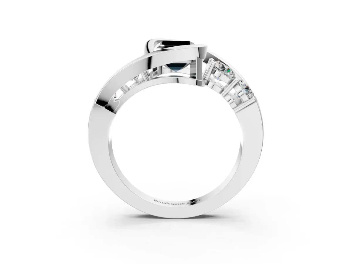 Fancy Black Bezel Set Emerald Cut Diamond Bypass Ring with Round Accents Platinum