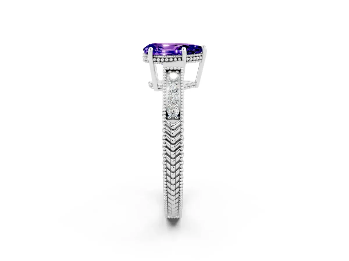 Pear Cut Tanzanite Ring with Milgrain Pavé Band and Four-Prong Setting Platinum