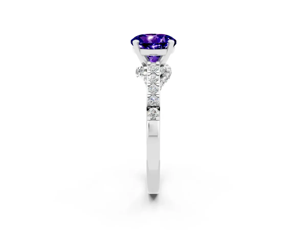 Round Cut Tanzanite Solitaire Ring with Crossover Gallery and Round Pavé Band Silver