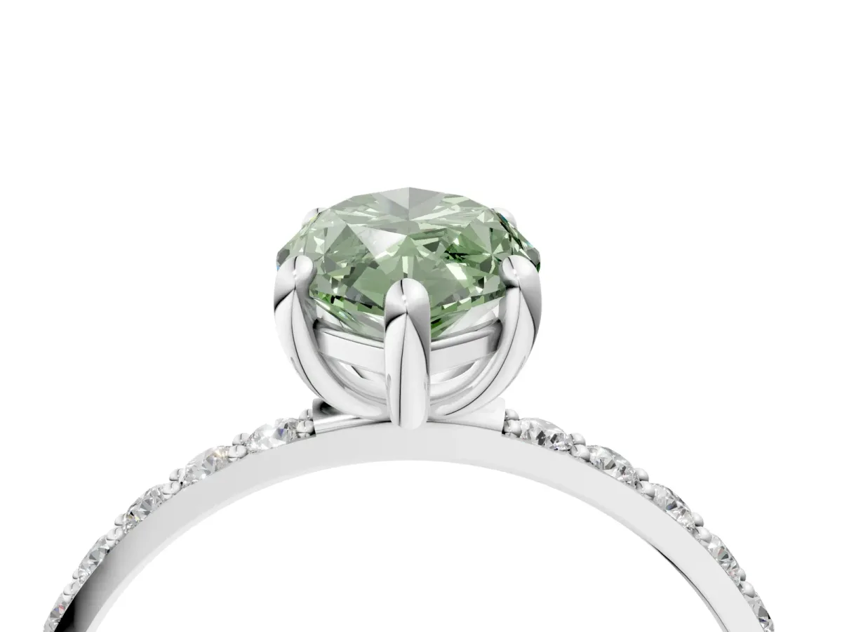 Fancy Green Marquise Cut Diamond Solitaire Ring with Round Pavé Band and Prong Setting Silver