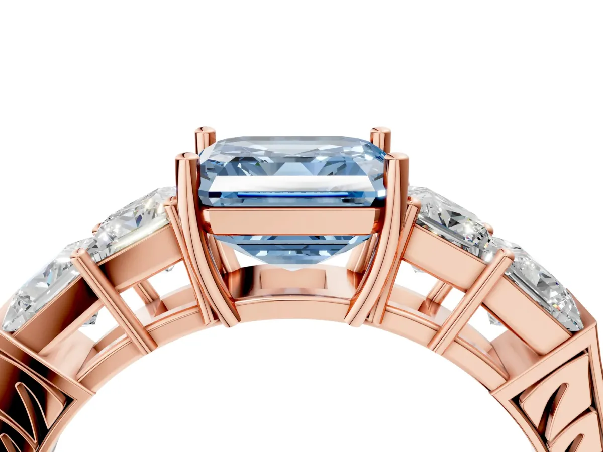 Fancy Blue Asscher Cut Solitaire Princess Side Stone Engraved Band Prong Setting Ring Rose gold
