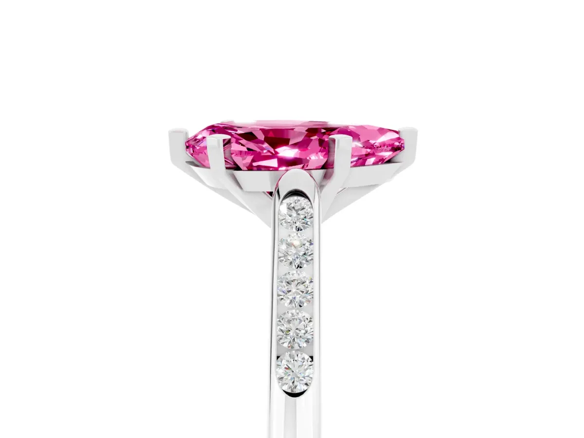 Pear Cut Pink Sapphire Solitaire Ring with Channel Set Round Band and Prong Setting Silver
