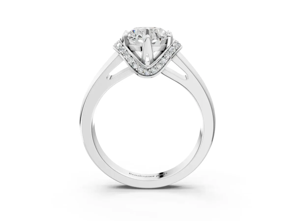 Round Cut Solitaire Diamond Ring with Pave Band and Six-Prong Setting Silver
