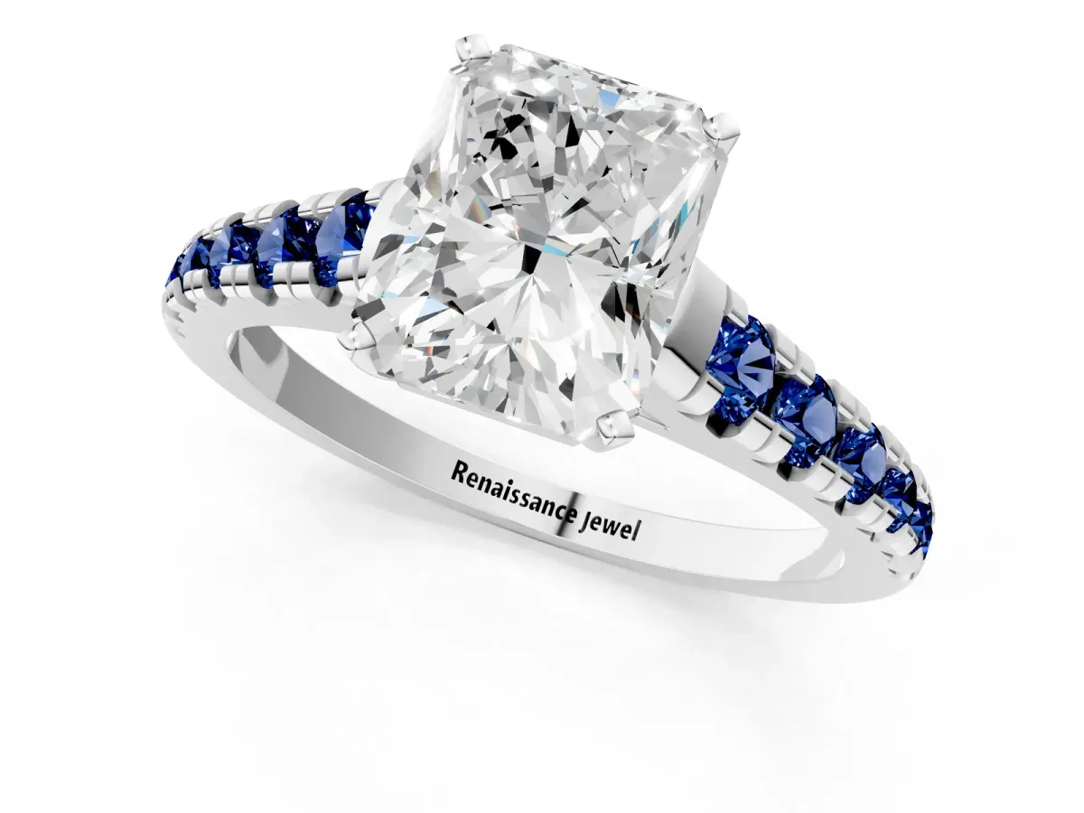 Radiant Cut Diamond Cathedral Solitaire Ring with Round Blue Sapphire Pavé Band Silver
