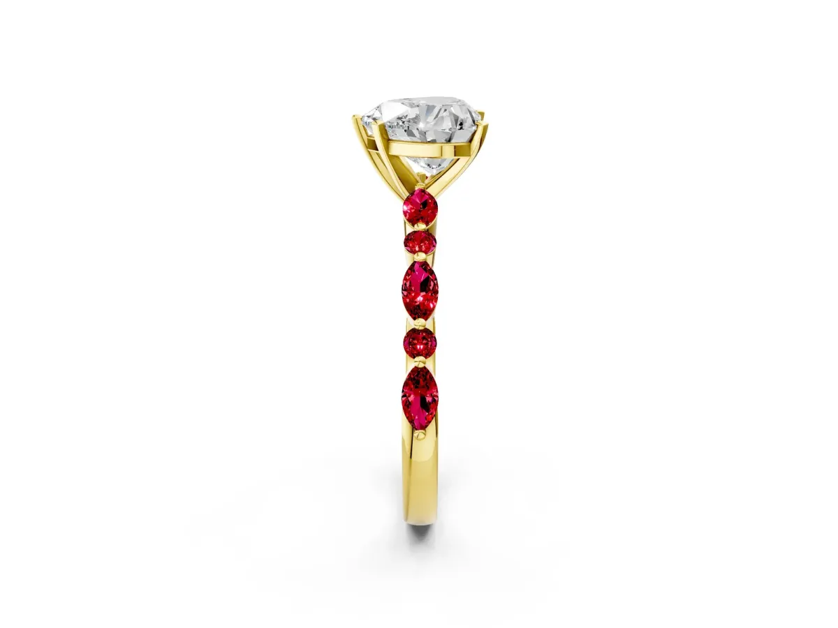 Heart Cut Diamond Ring with Marquise and Round Ruby Side Stones and Four-Prong Setting Yellow gold