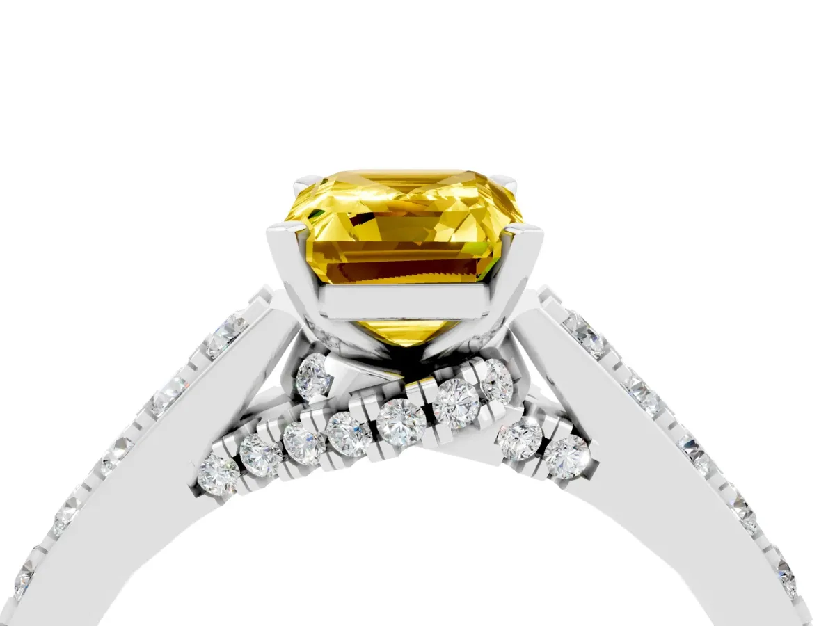 Emerald Cut Yellow Sapphire Solitaire Ring with Crossover Gallery and Round Pavé Band Silver