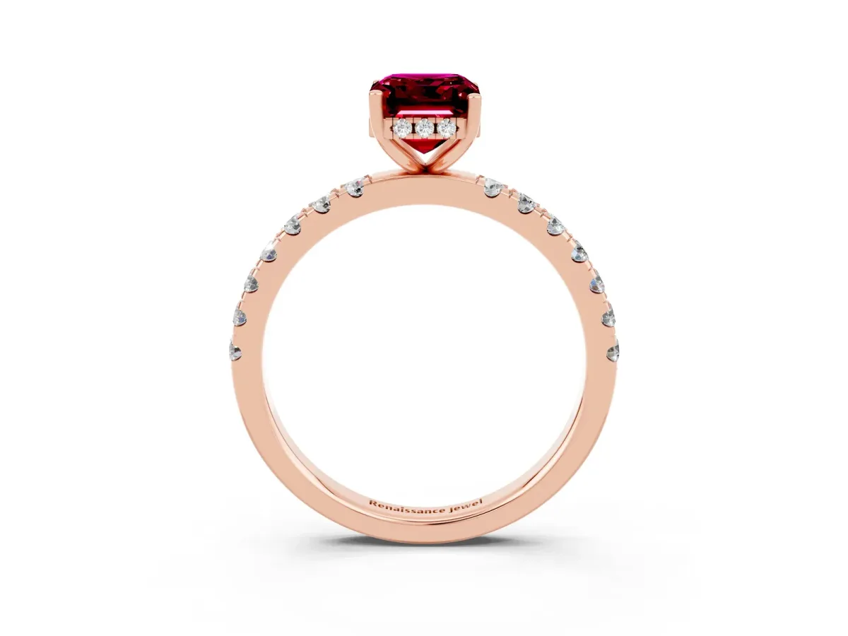 Emerald Cut Garnet Pave Band Solitaire Ring with Round and Prong Setting Rose gold