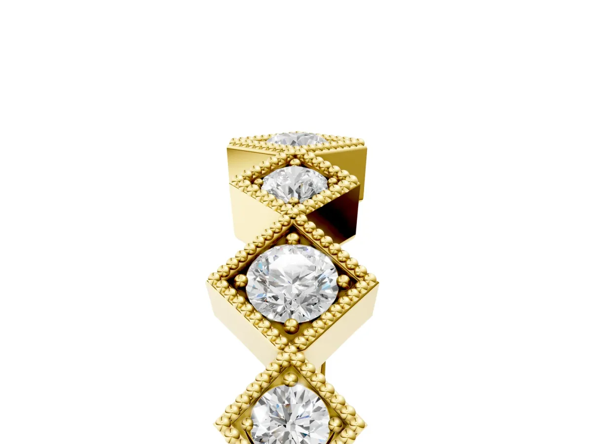 Milgrain Square Bezel Round Diamond Chevron Band Yellow gold