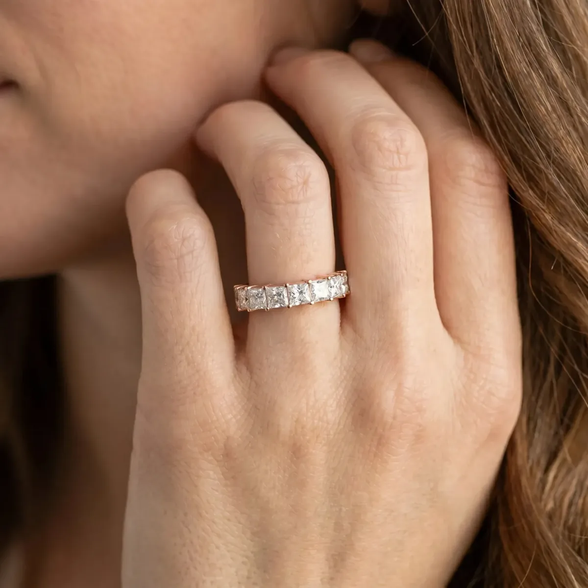 Princess Cut Diamond Channel-Set Eternity Band with Prong Setting Rose gold