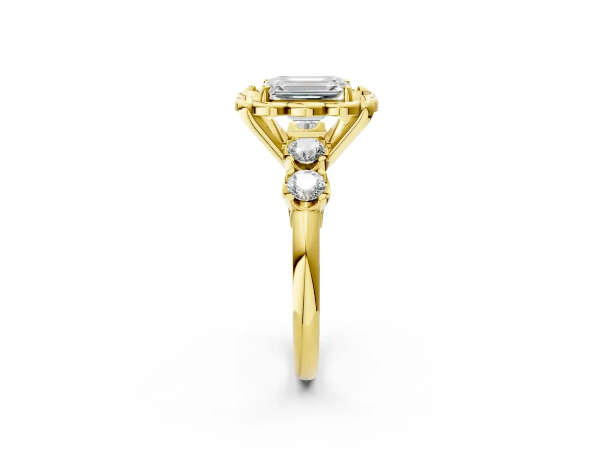 Emerald Cut Cut Diamond Floral Halo Engagement Ring with Shared Prong Setting Yellow gold