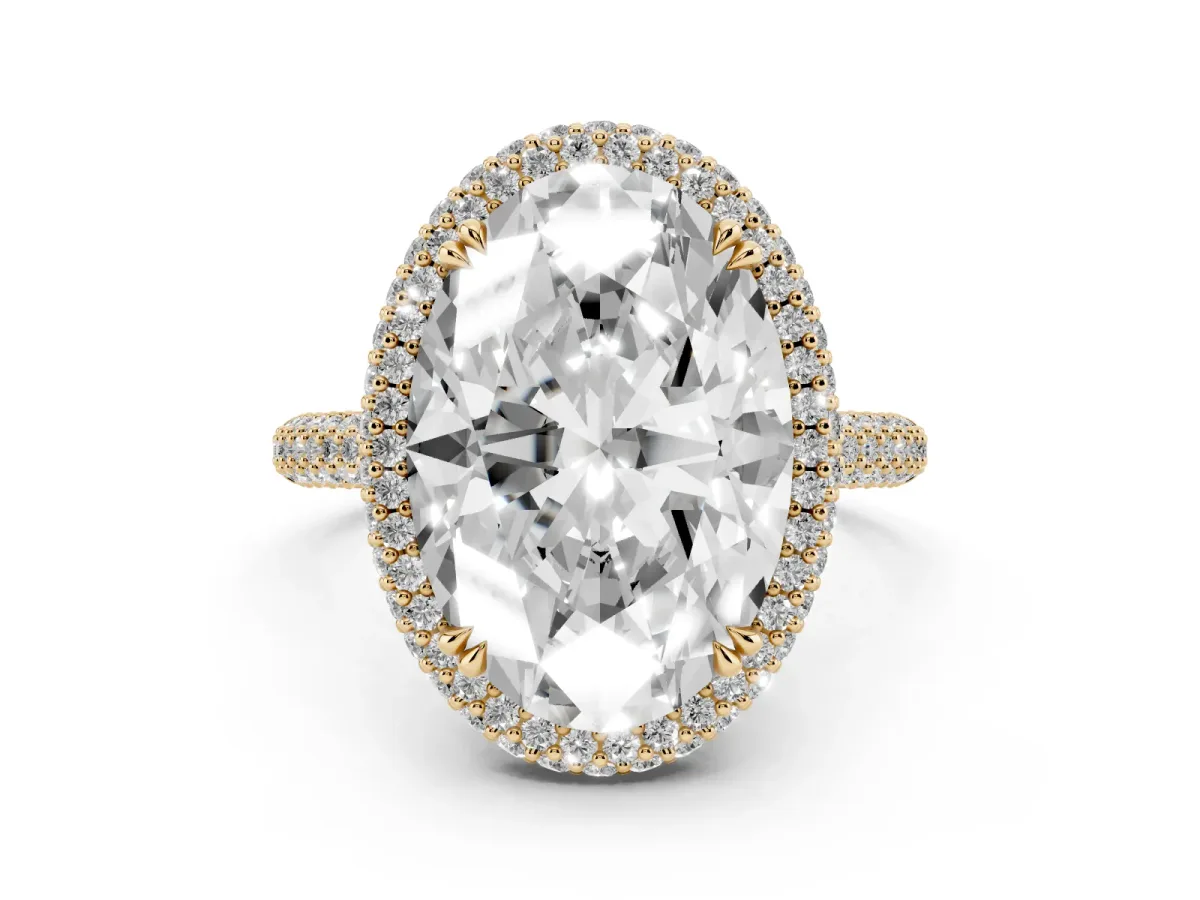 Oval Diamond Halo Ring with Round Diamond Accents Yellow gold