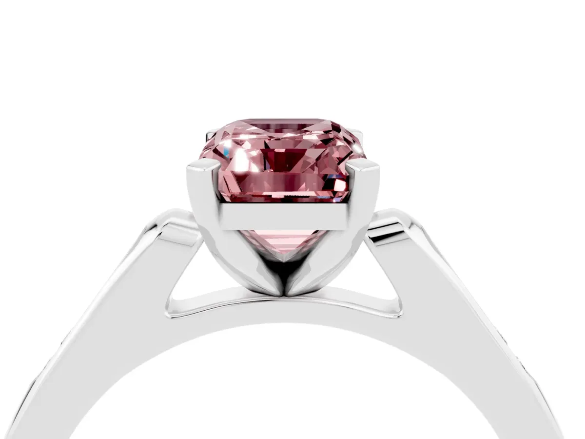 Emerald Cut Morganite Solitaire Ring with Channel Set Round Band and Prong Setting Silver