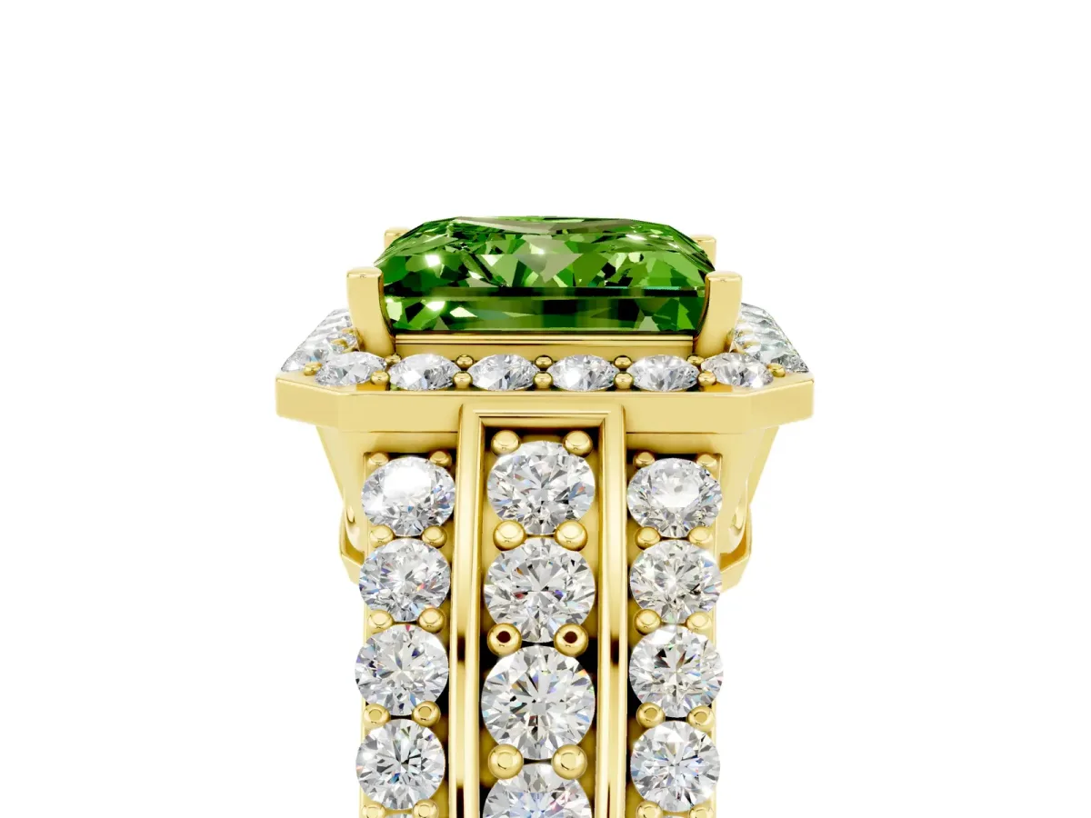 Princess Cut Halo Peridot Ring with Round Split Shank and Prong Setting Yellow gold