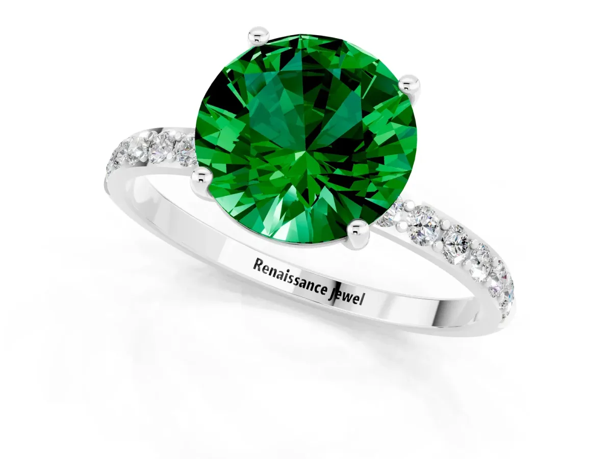 Round Cut Emerald Solitaire Ring with Round Pavé Band and Prong Setting Silver