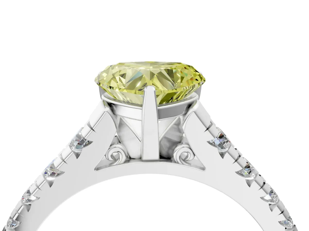 Fancy Yellow Heart Cut Diamond Cathedral Solitaire Ring with Round Pavé Band Silver