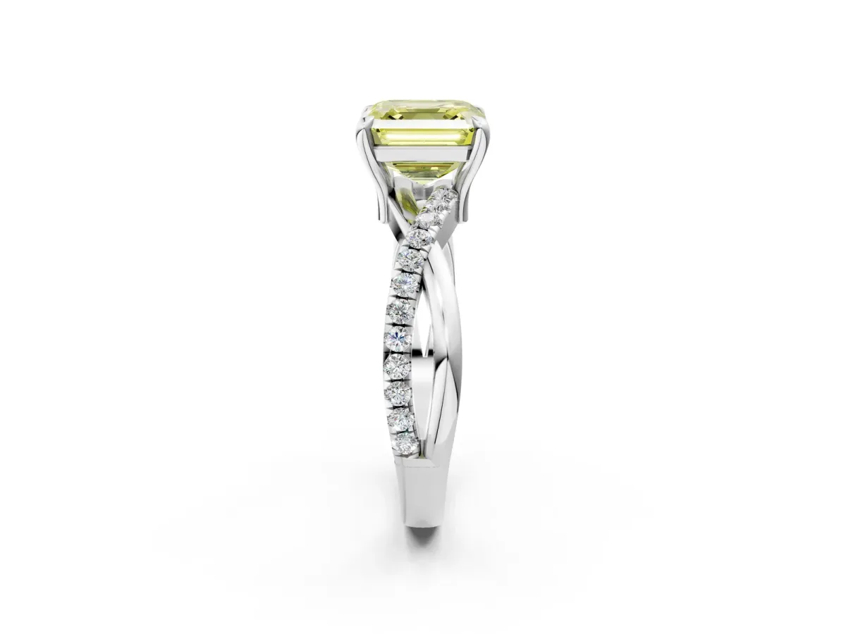 Fancy Yellow Asscher Cut Cut Twist Band Solitaire Diamond Ring with Pavé Setting Platinum