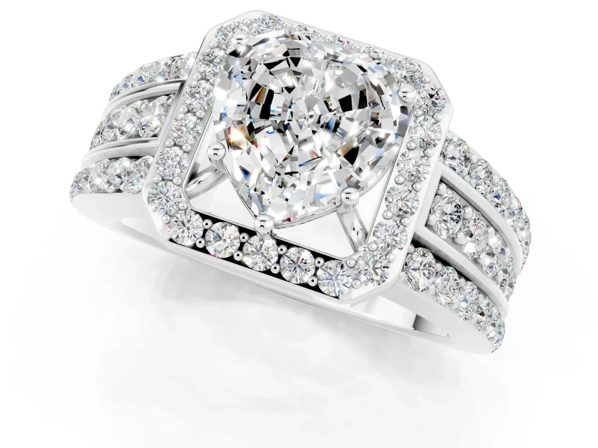 Heart Cut Halo Moissanite Ring with Round Split Shank and Prong Setting Silver