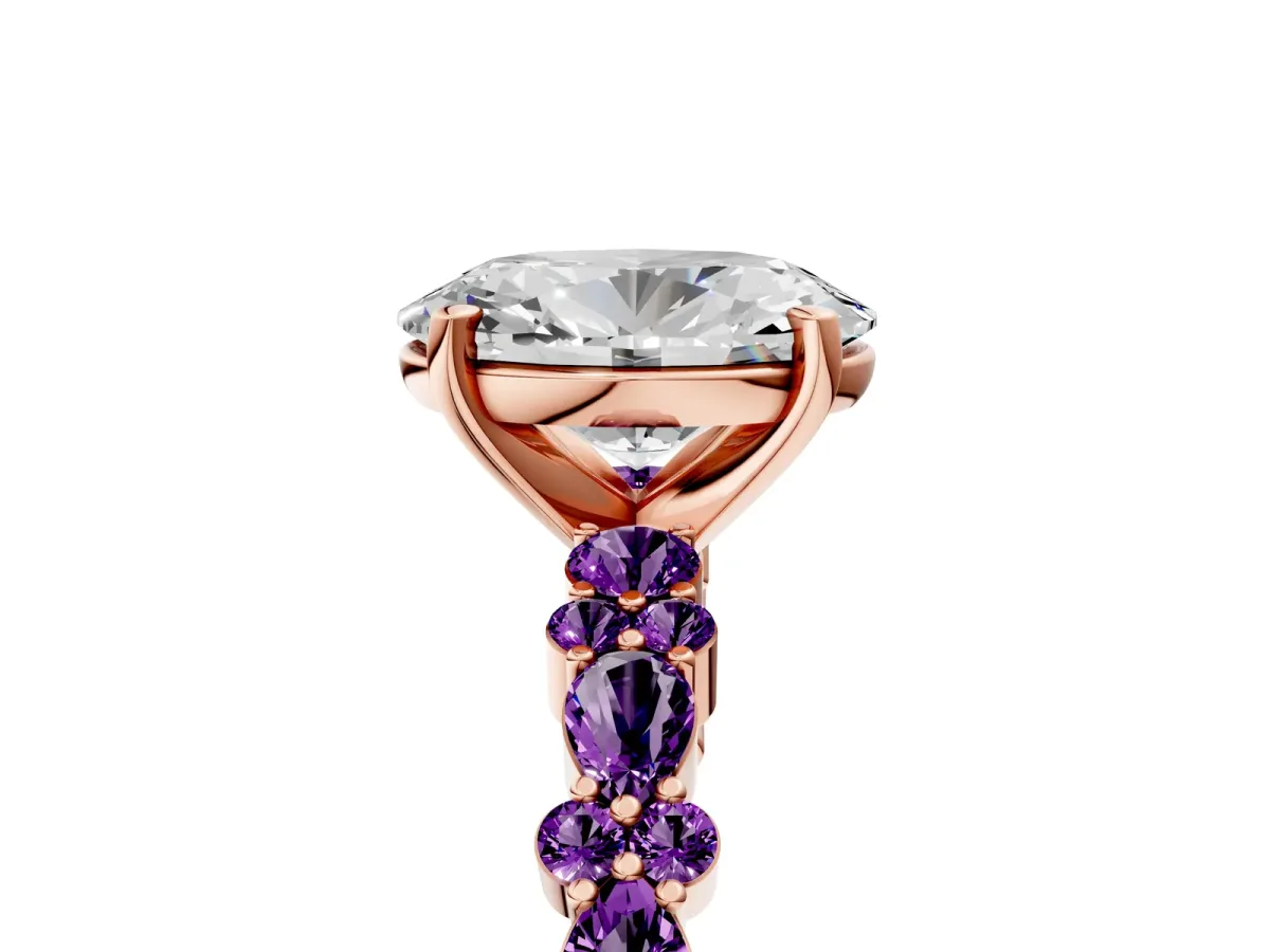 Oval Cut Diamond Side Stone Solitaire Ring with Round Amethyst and Four-Prong Setting Rose gold