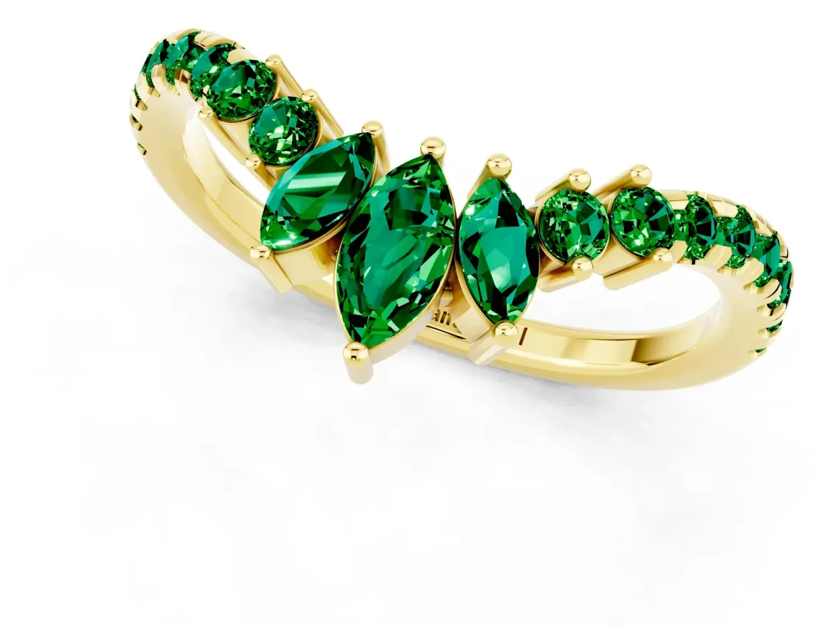 Chevron Marquise and Round Emerald Open Band with Prong Setting Yellow gold