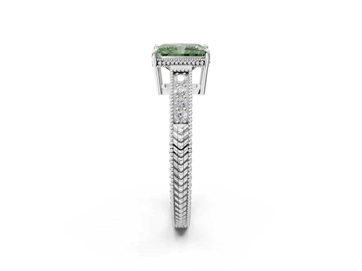 Fancy Green Radiant Cut Cut Diamond Milgrain Pave Band Four-Prong Setting Ring Platinum