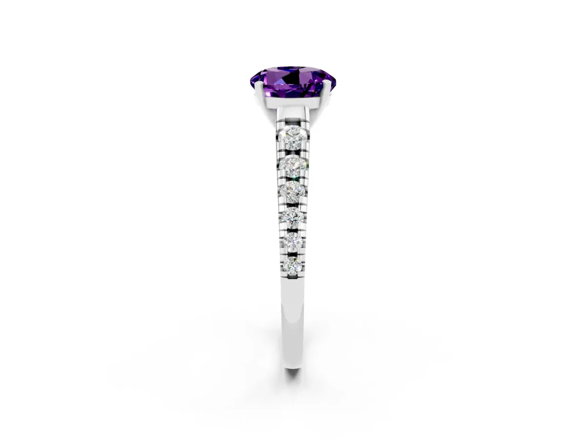 Round Cut Amethyst Cathedral Solitaire Ring with Round Pavé Band Platinum