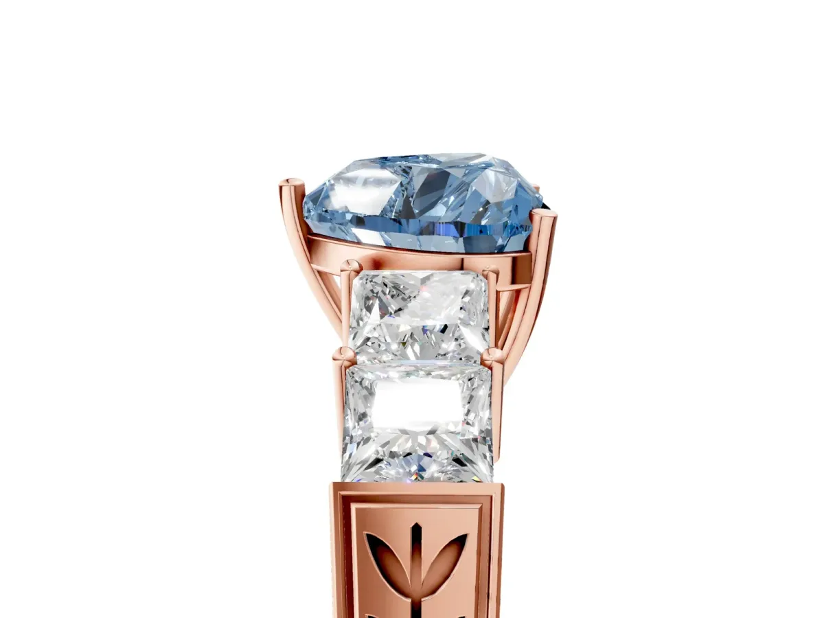 Fancy Blue Heart Cut Solitaire Princess Side Stone Engraved Band Prong Setting Ring Rose gold