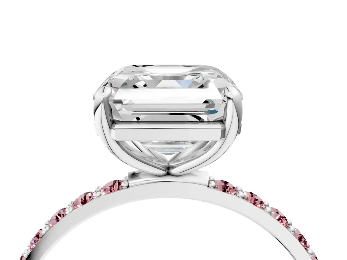 Asscher Cut Diamond Solitaire Ring with Round Morganite Pavé Band and Prong Setting Silver