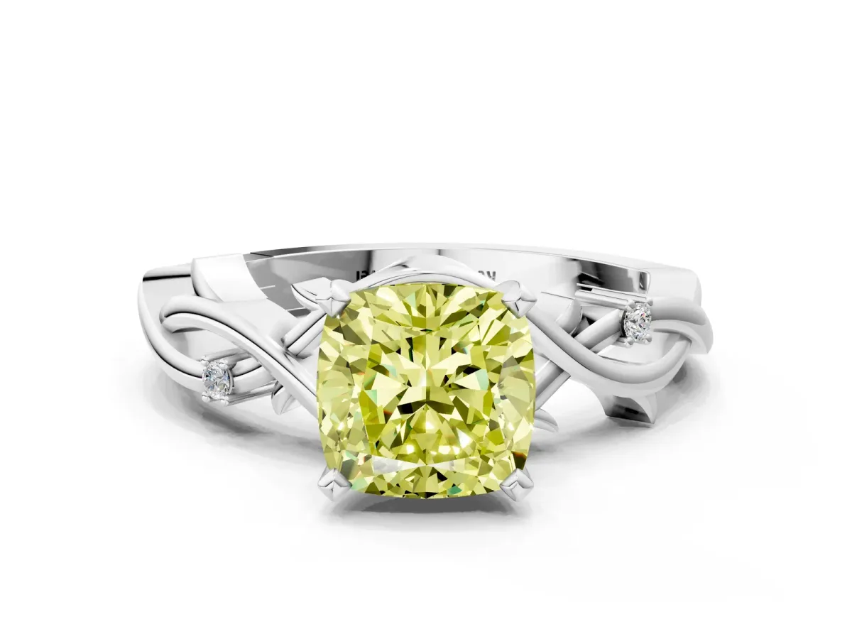 Fancy Yellow Cushion Cut Diamond Solitaire Ring with Twisted Band and Prong Setting Silver