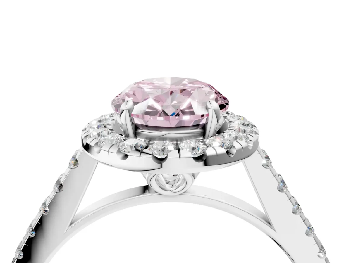 Fancy Pink Oval Cut Halo Pavé Diamond Engagement Ring with Four-Prong Setting Silver