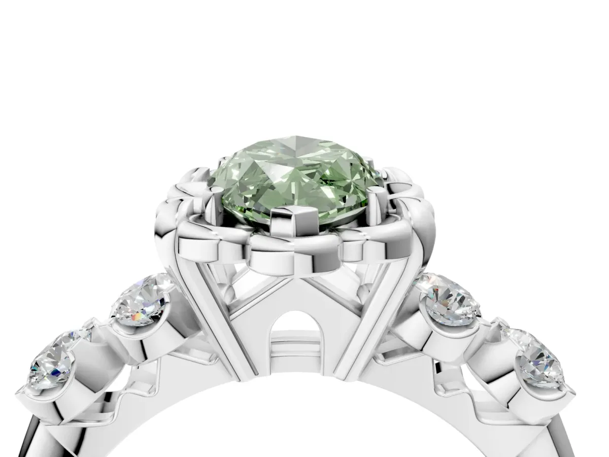 Fancy Green Marquise Cut Cut Diamond Floral Halo Engagement Ring with Shared Prong Setting Silver
