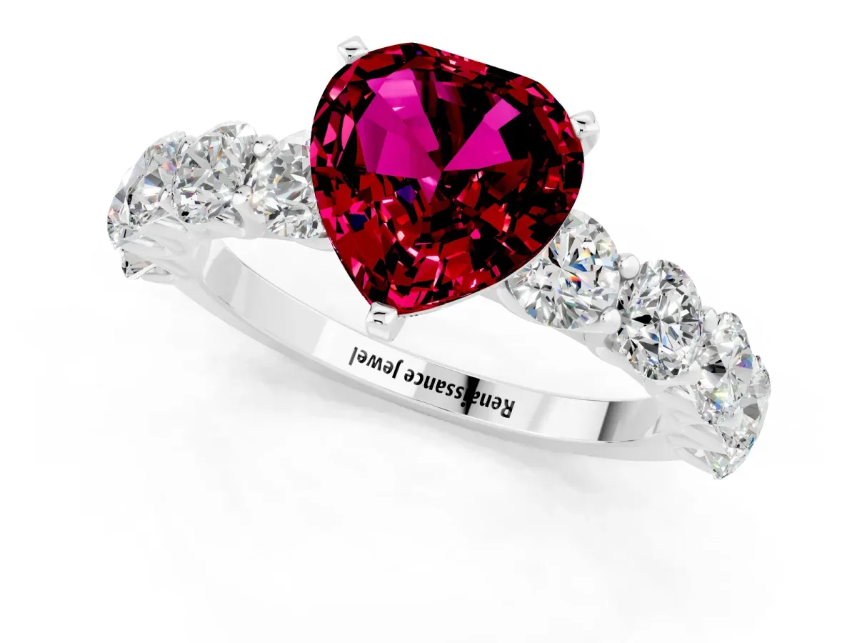 Heart Cut Garnet Prong Setting with Side Stones on a Pave Band Silver