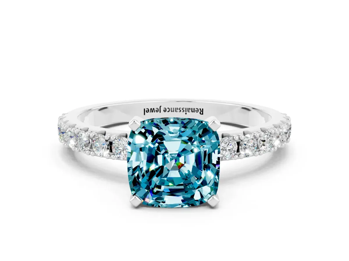 Cushion Cut Blue Topaz Solitaire Pavé Band with Four-Prong Setting Silver